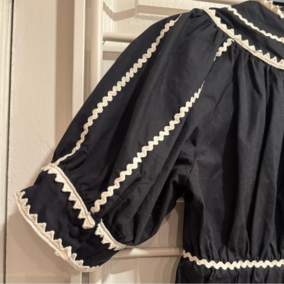 Vintage Black Prairie Dress White Ric Rac Trim Puff Sleeve Cottagecore Midi - Picture 4 of 4